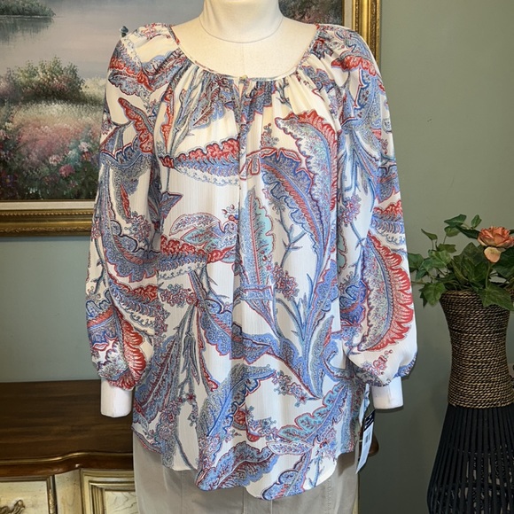 Chaps white blue coral Feather Leaf Floral Boho Blouse “Hazy Night” NEW NWT - Picture 1 of 7